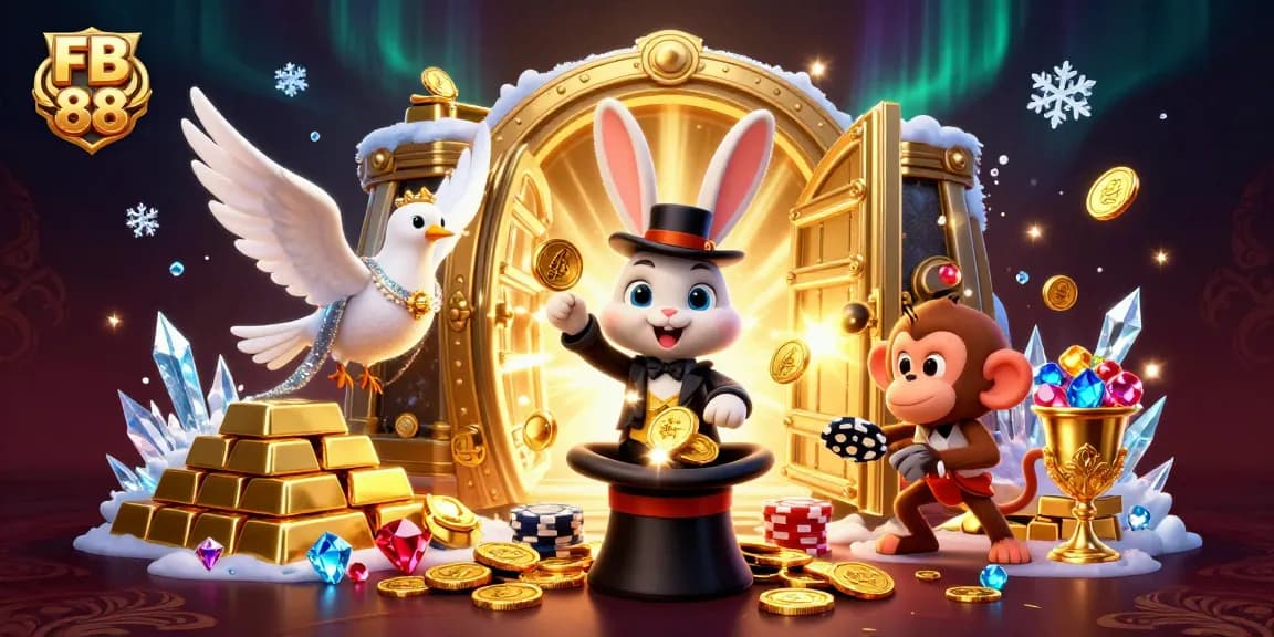 FB 88 presents a striking 3D scene with a magician rabbit, dove, and monkey in a lavish casino setting, capturing excitement.