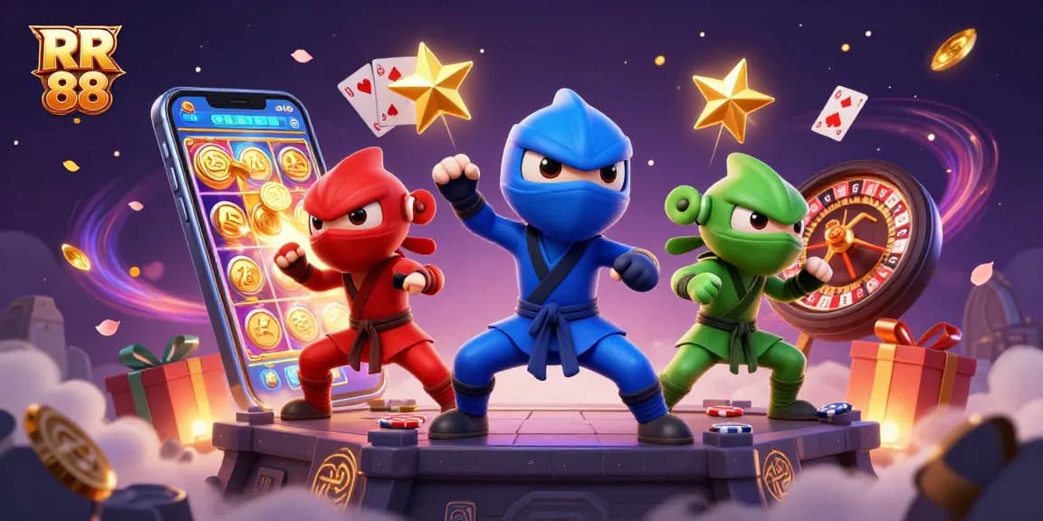 Experience thrilling action with RR 88's vibrant casino games and characters in a dynamic 3D scene.