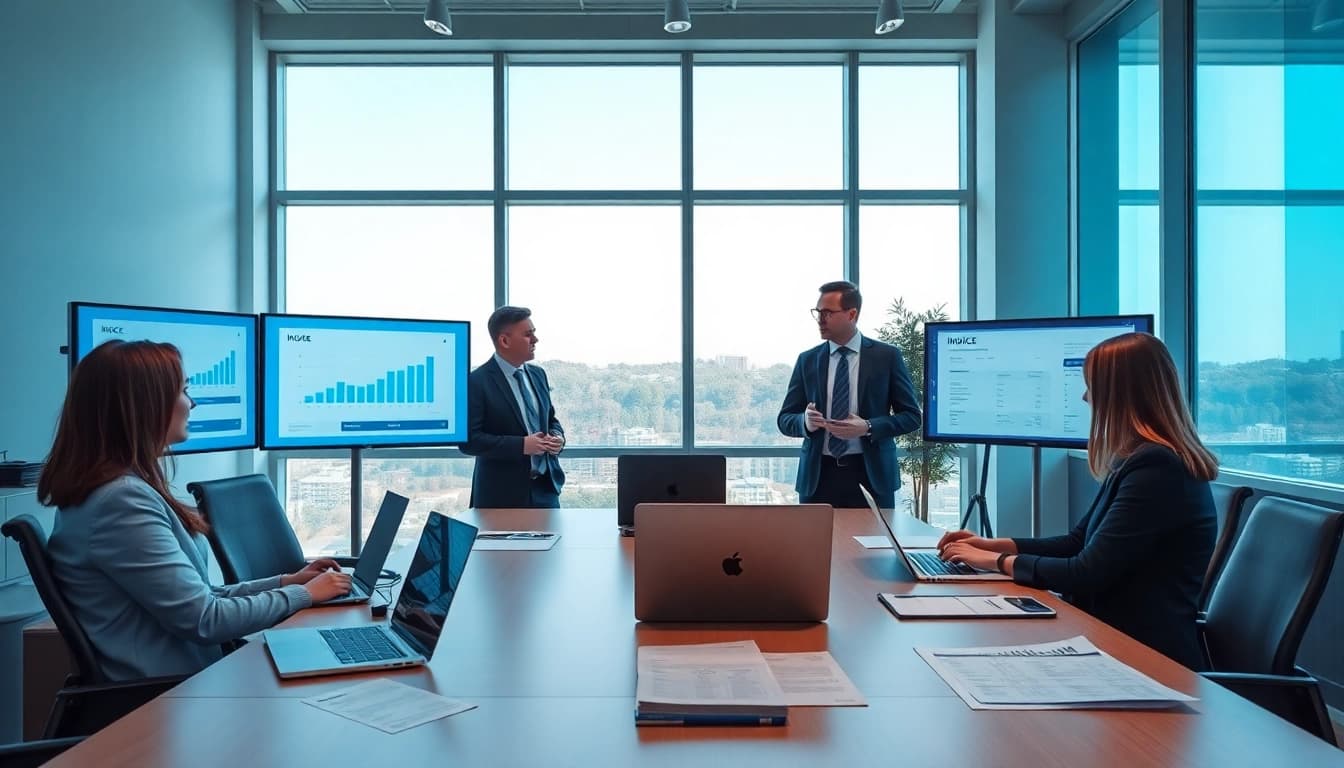 Logo e-arşiv solutions showcased in a modern office with professionals discussing digital invoicing.