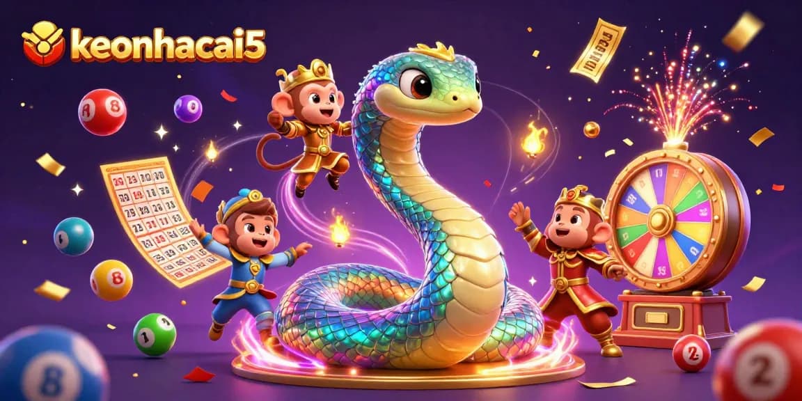 Engage with the vibrant world of keonhacai5 as colorful lottery balls and golden tickets populate a magical celebration scene.