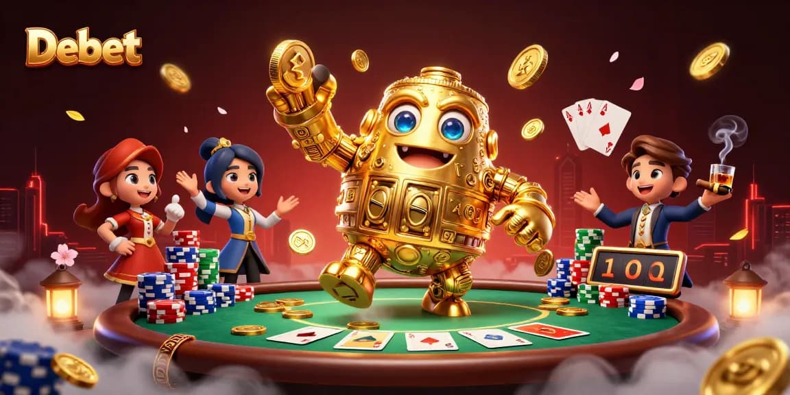 Debet offers immersive casino experiences depicted in a vibrant 3D golem scene, showcasing poker excitement.
