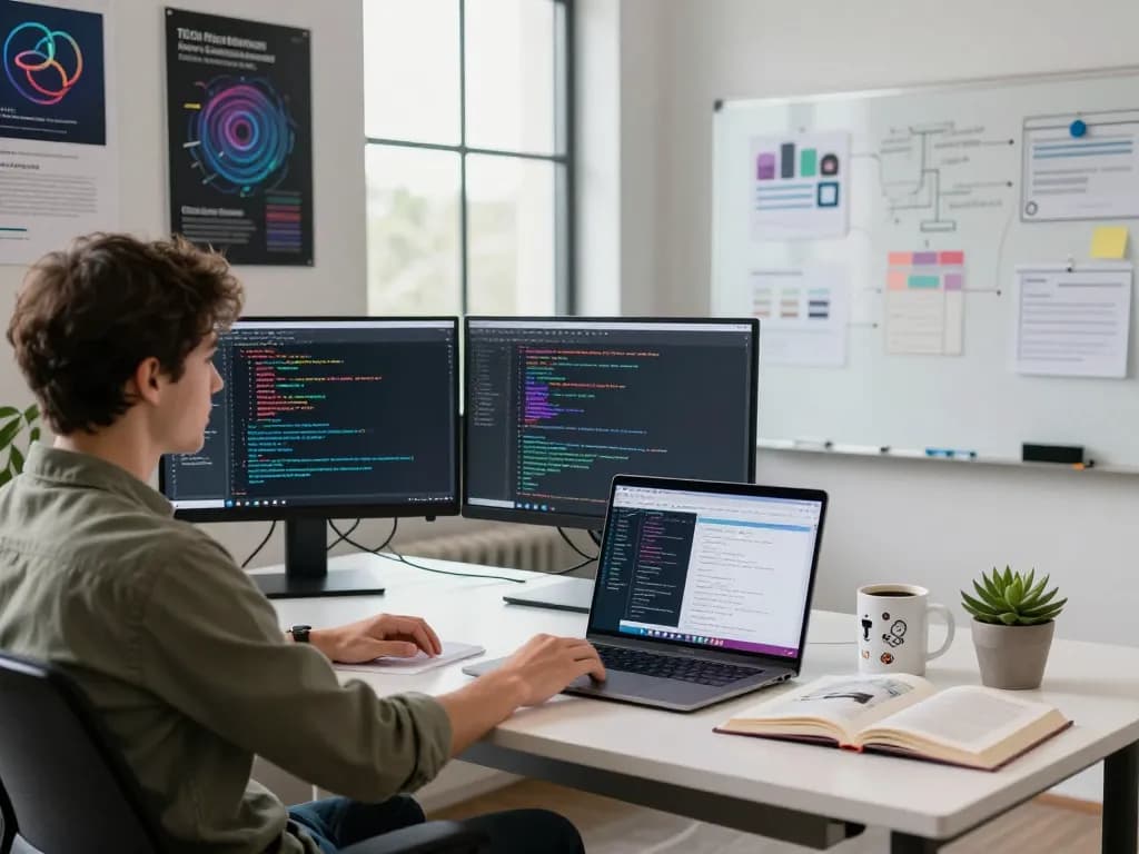 Focused developer coding on dual monitors about open claw AI.