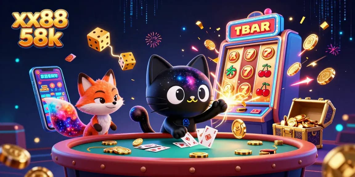 Experience the thrill of xx88 58k as cartoon characters engage with casino games and jackpots in a vibrant atmosphere.