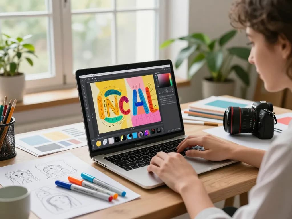 Designer using nano banana pro to create stunning digital images in a bright workspace filled with art supplies.