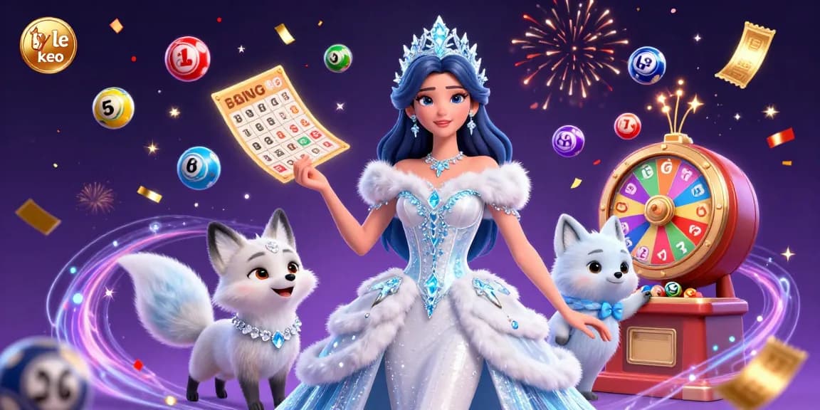 Experience the excitement of ty le keo with a dazzling 3D illustration of an ice queen and fox amidst vibrant lottery elements.