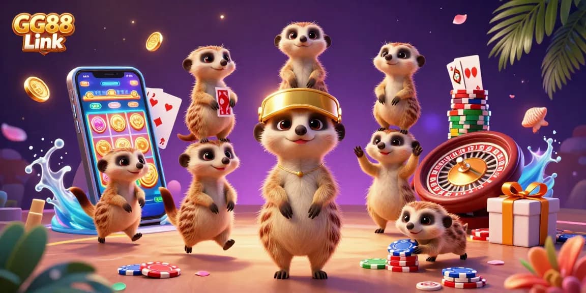 Engaging illustration of GG88 Link showcasing a meerkat casino operation with vibrant game elements.