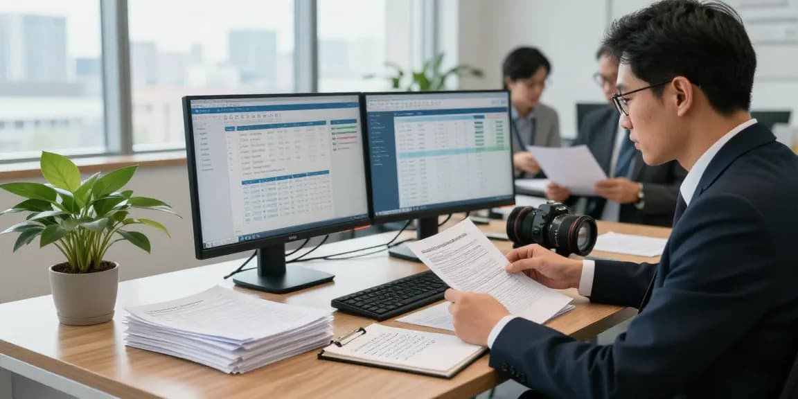 Forensic auditor analyzing documents in a modern office, showcasing aafikotasurabaya.org dedication to professional auditing.