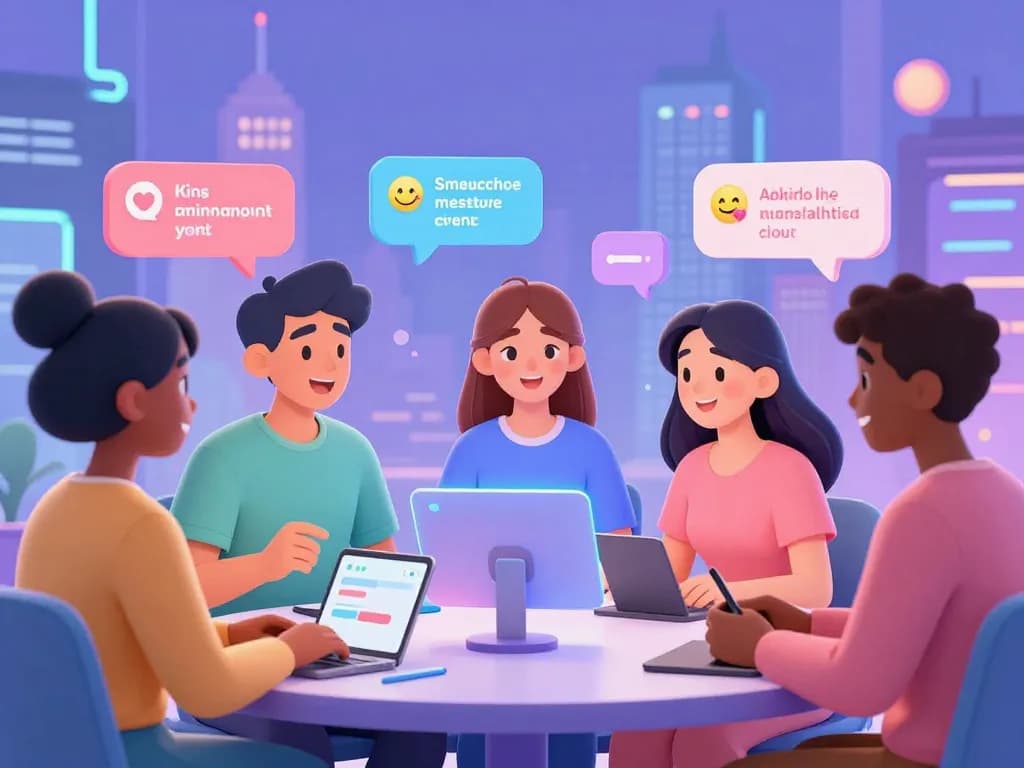 Engaging scene of animated AI avatars in virtual conversations, showcasing sex chat AI interactions in a futuristic setting.