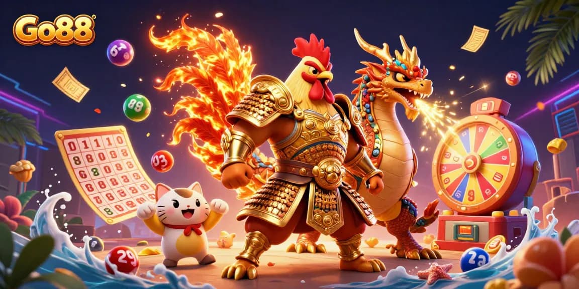 Experience the excitement of Go88 with dynamic lottery elements and vibrant characters in a thrilling casino scene.