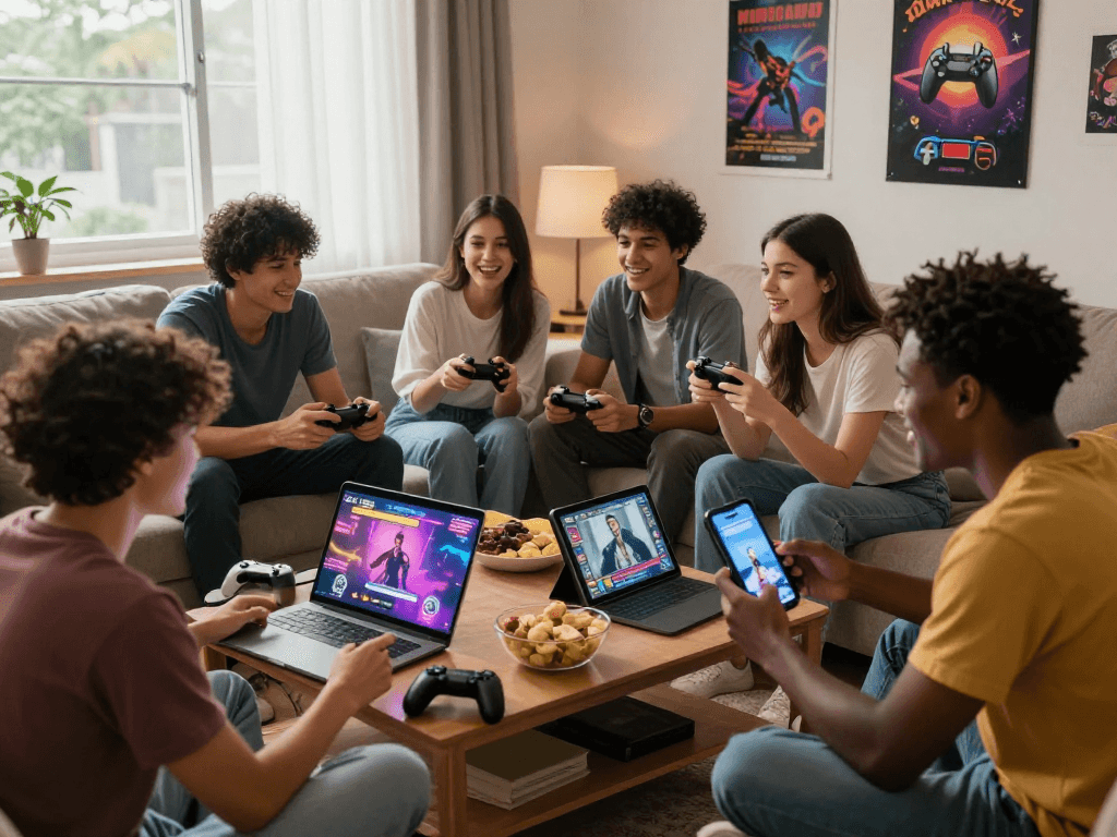 Friends enjoying porn games on multiple devices in a cozy living room.