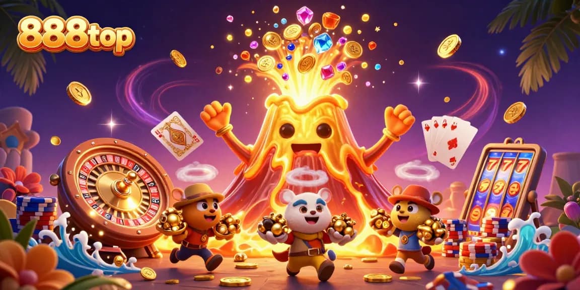 Engage with 888top's vibrant casino world featuring gold coins and a triumphant volcano in 3D art.