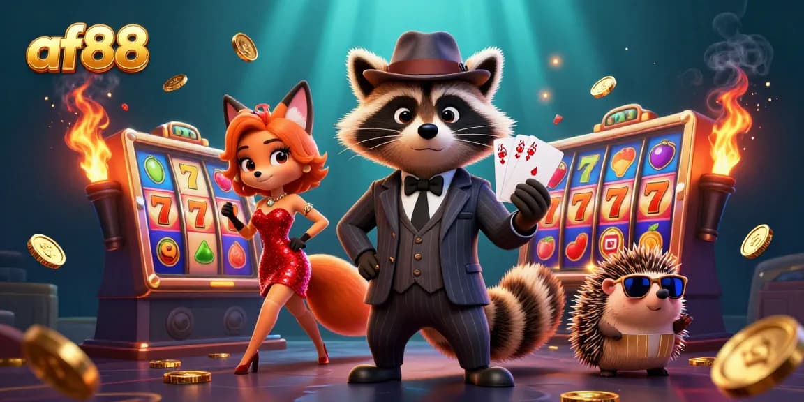 Experience thrilling wins at af88 with a raccoon holding a royal flush amid vibrant slot action.