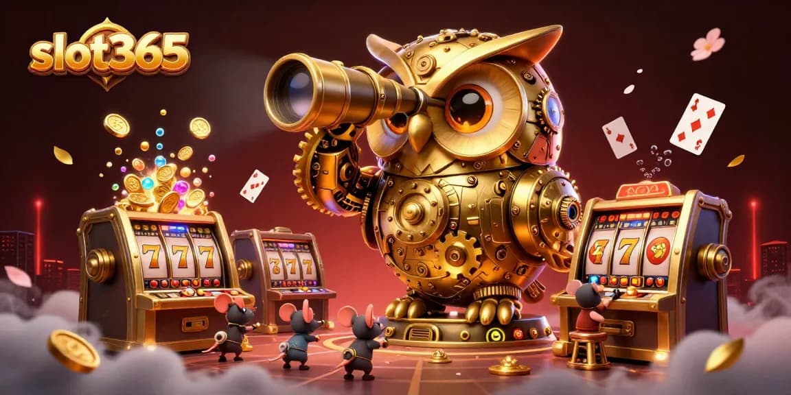 Experience the thrill of spinning with slot365's dynamic 3D casino illustration featuring exciting games and treasures.