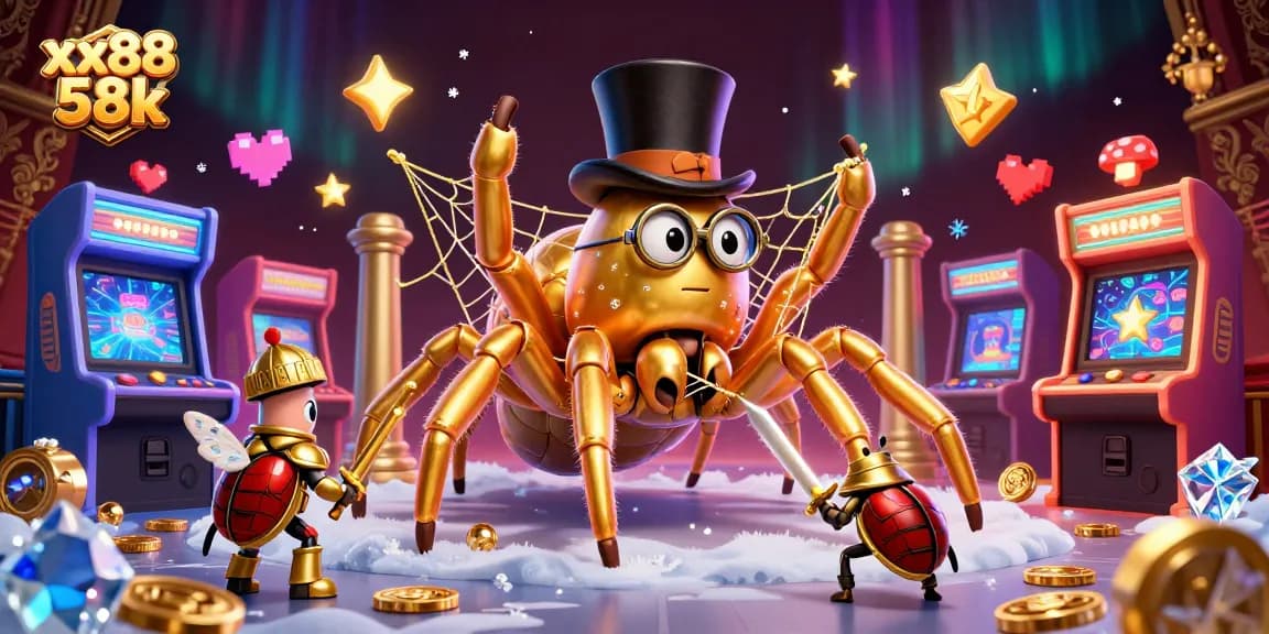 Engage in exciting gaming adventures with xx88 58k, featuring a golden tarantula and vibrant arcade elements.