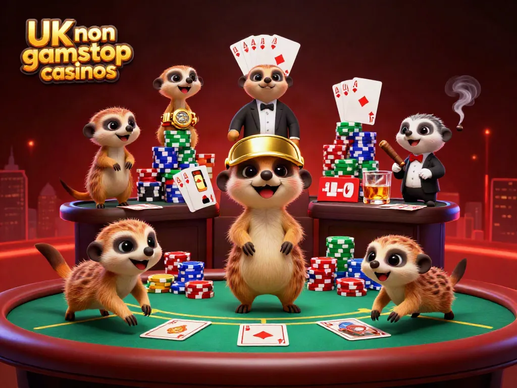 Engaging scene of meerkats managing a vibrant casino, showcasing UK non gamstop casinos.