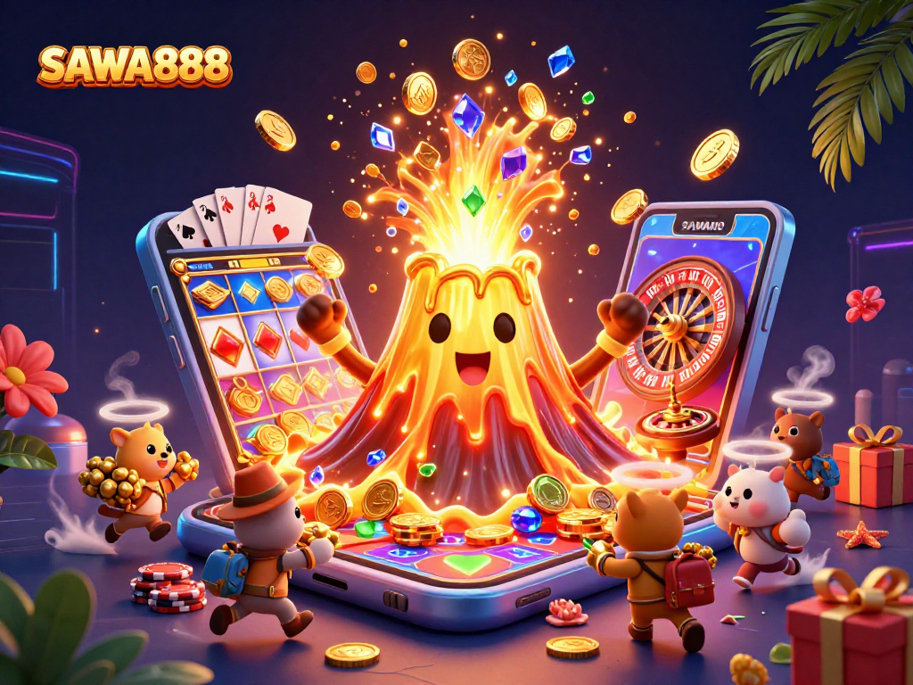 SAWA888 showcases a triumphant volcano erupting gems and coins, emphasizing vibrant slot action.