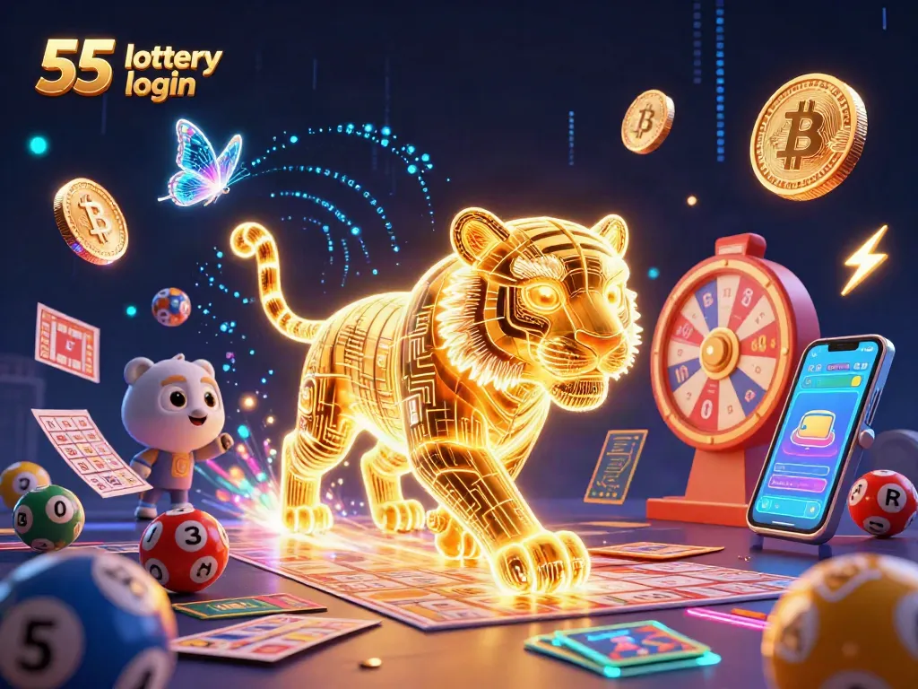 Engage with 55 lottery login through dynamic visuals featuring lottery elements and crypto coins.