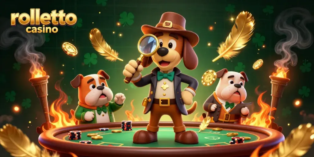 Engage winnings at rolletto casino with a detective scene featuring poker chips and gold coins.