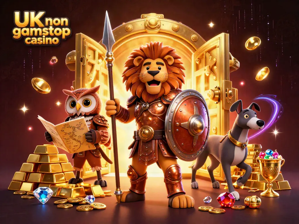 Engage with the vibrant world of UK non gamstop casino featuring a heroic lion and mythical elements.