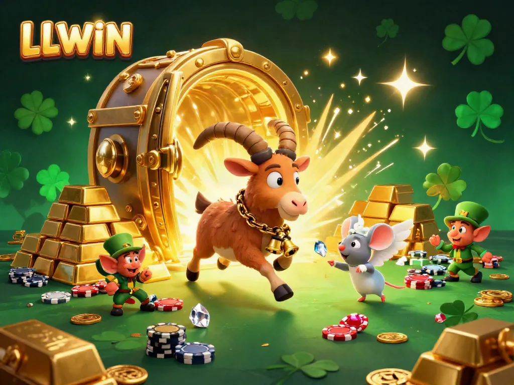 Experience thrilling online gaming at LLWIN with a vibrant casino scene featuring a playful Krampus goat.