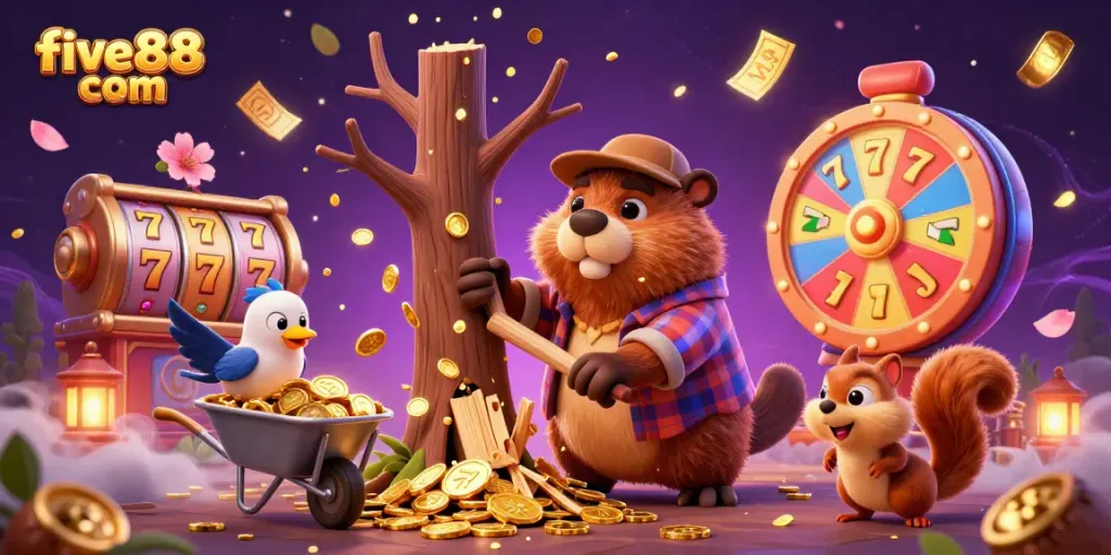 Experience the excitement of five88 com with cartoon characters in a dynamic casino scene.