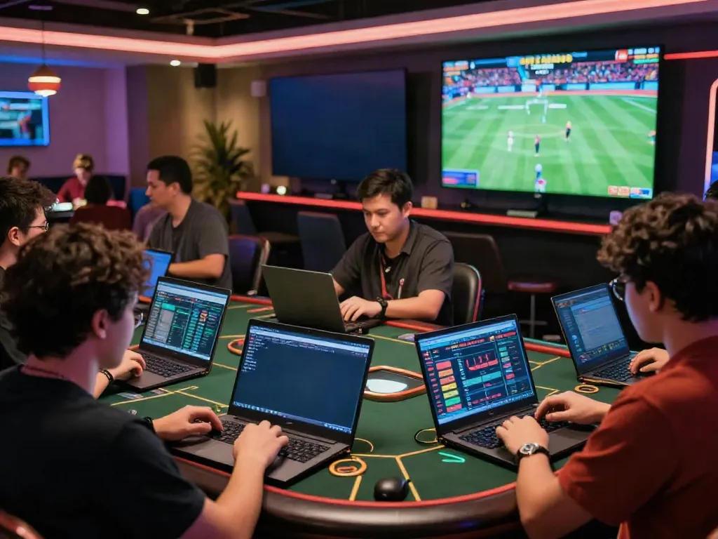 Players actively engaged on the tx88 betting platform in a lively gaming lounge.