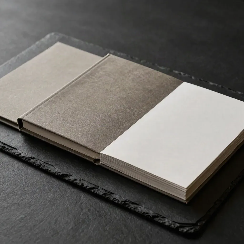 Three consulting binders, a sealed sleeve and schedule cards on a dark studio slab.