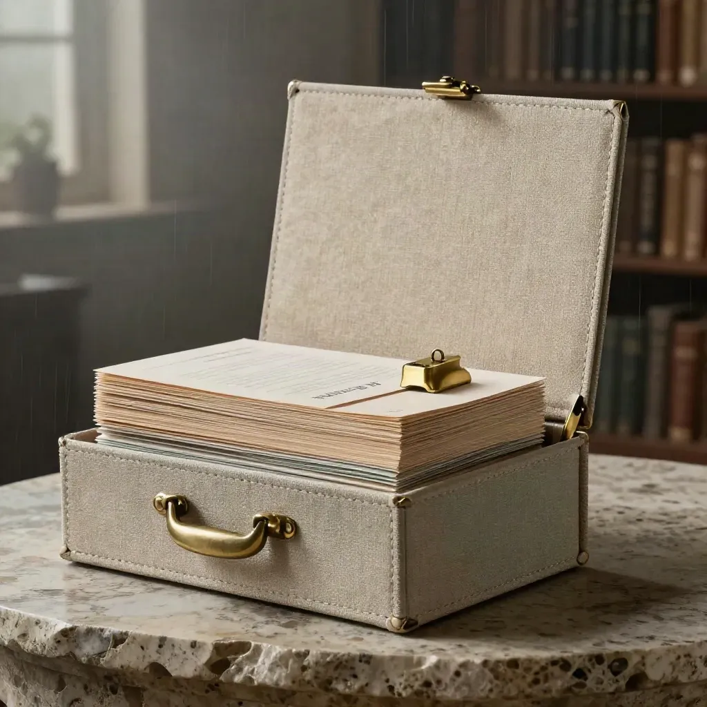 Monumental linen strategy kit, folio, tabbed cards and brass clips on damp stone in soft rain haze.