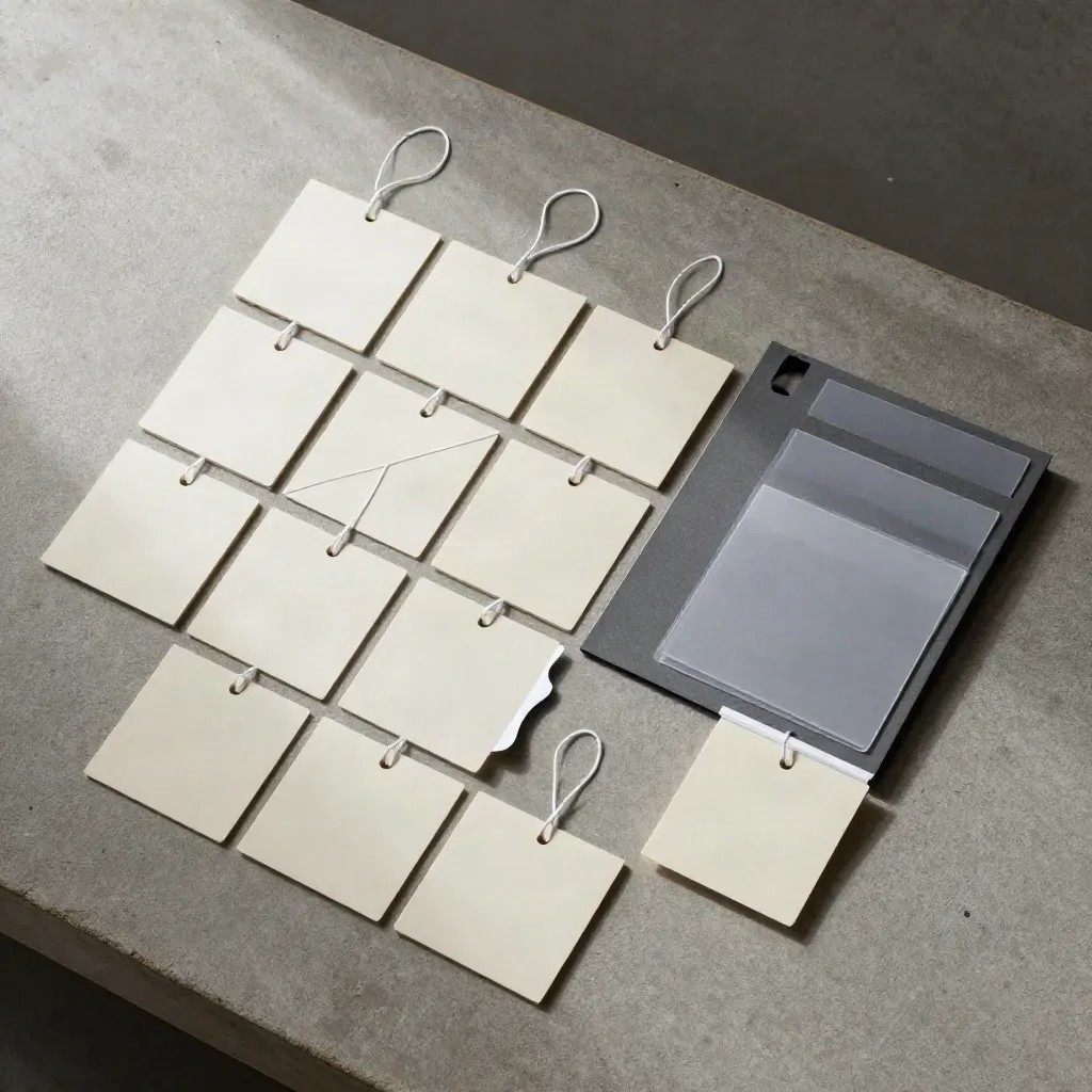 Top-down stakeholder mapping kit with node cards, string loops and inserts on brushed pewter concrete.