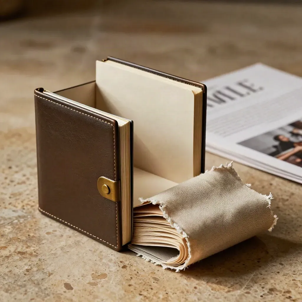 A torn-open process sprint kit with tabbed inserts and a clipped folio on warm stone.