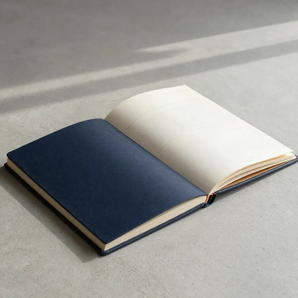 Overhead strategy workshop folio, notebook, and card inserts on pale concrete with navy accents
