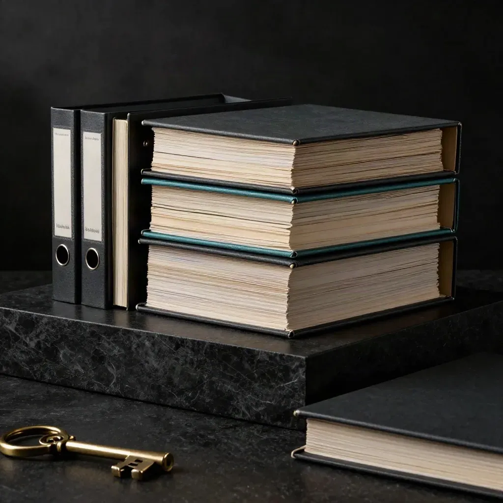 Open retainer box with binders, dividers, and brass clips on a dark plinth.