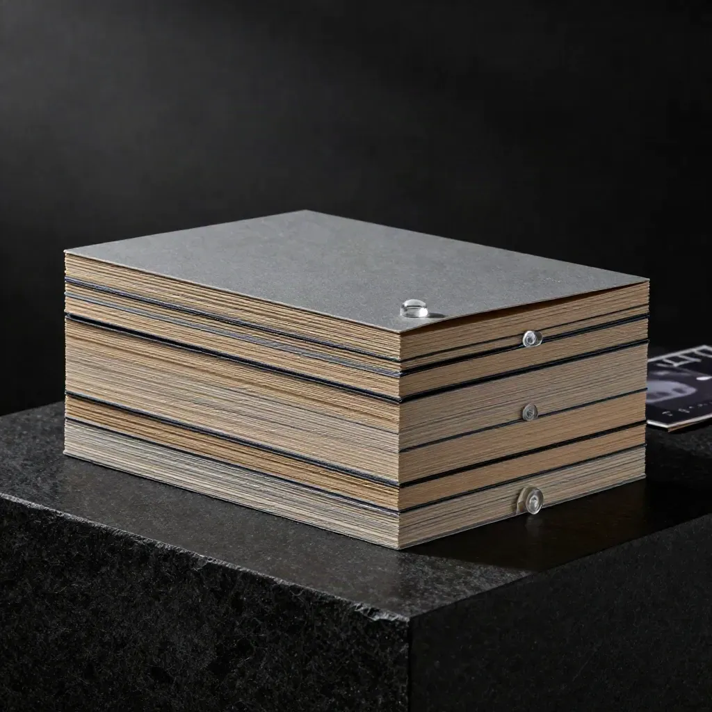 Low-angle dramatic stack of board pack folders with dividers and a glass weight on a black plinth.