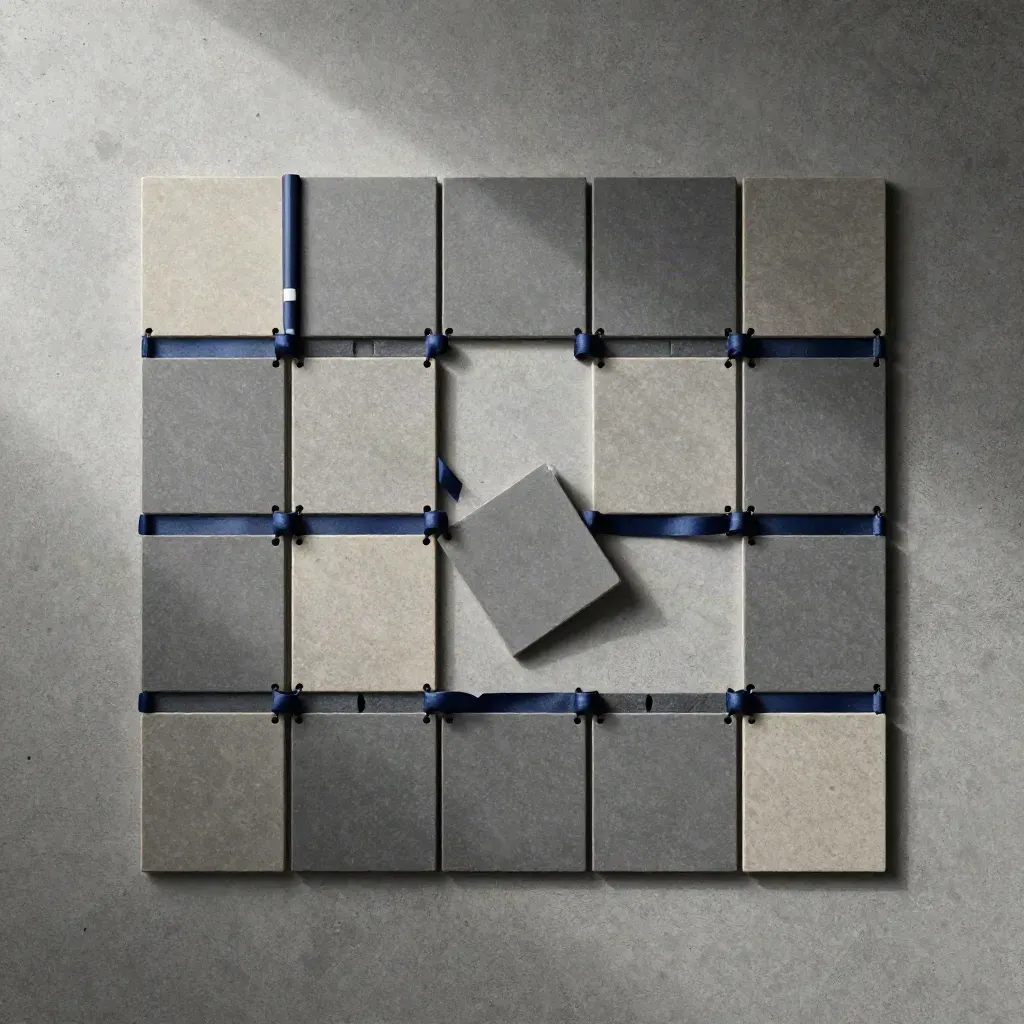 Overhead flatlay of magnetic tiles and ribbon markers arranged in a role clarity grid on concrete.