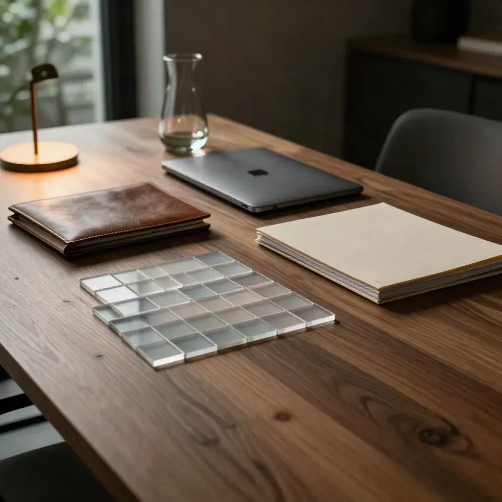 Walnut boardroom corner with strategy tiles, portfolio, laptop and carafe in soft evening light