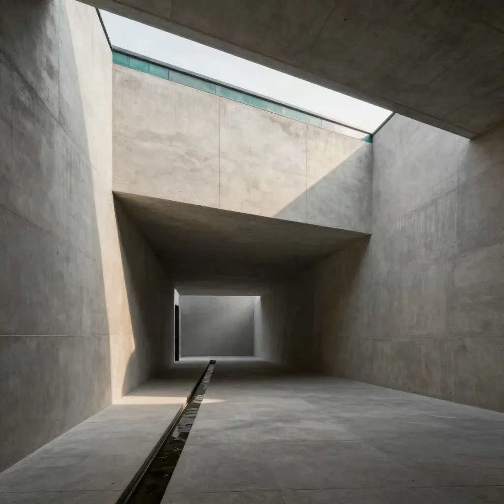 Sunlit concrete courtyard corridor with skylight reflections and teal accent