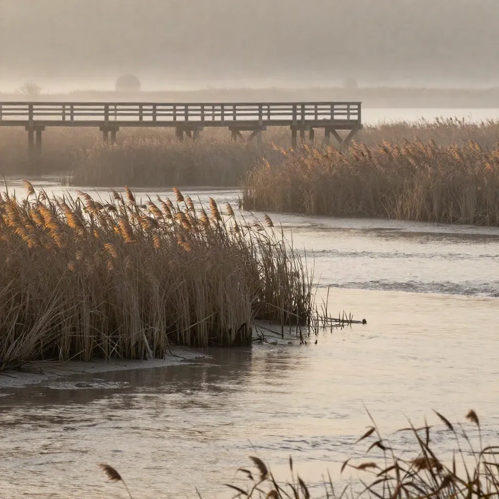 Foggy tidal marsh with a raised boardwalk and glowing horizon at dawn