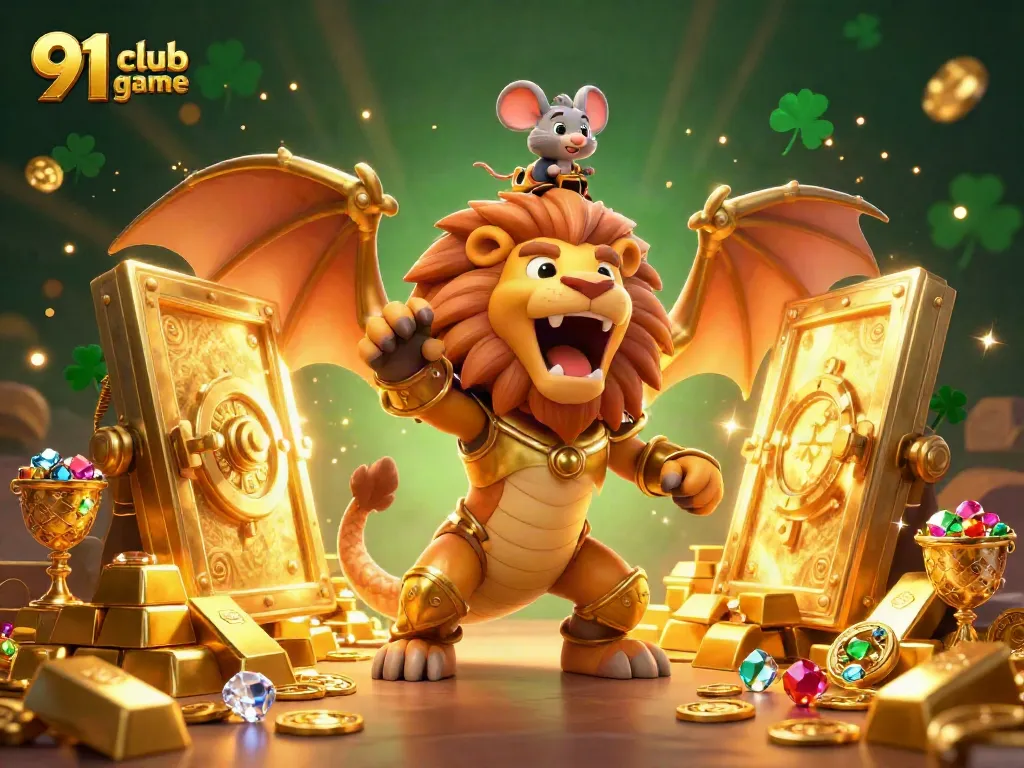 Experience the thrilling excitement of the 91 club game with a roaring chimera and dazzling treasures.