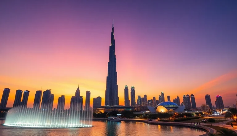Experience the stunning skyline while you travel to Dubai, featuring the iconic Burj Khalifa and vibrant city lights.