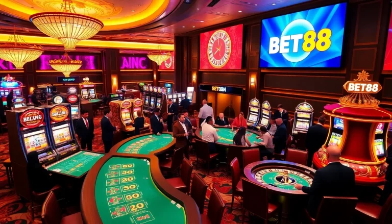 BET88 casino scene featuring players engaging at vibrant tables and colorful slot machines.