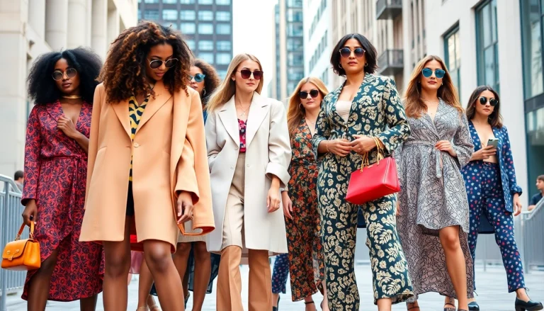 Women Fashion styles featuring diverse outfits in a vibrant urban setting.