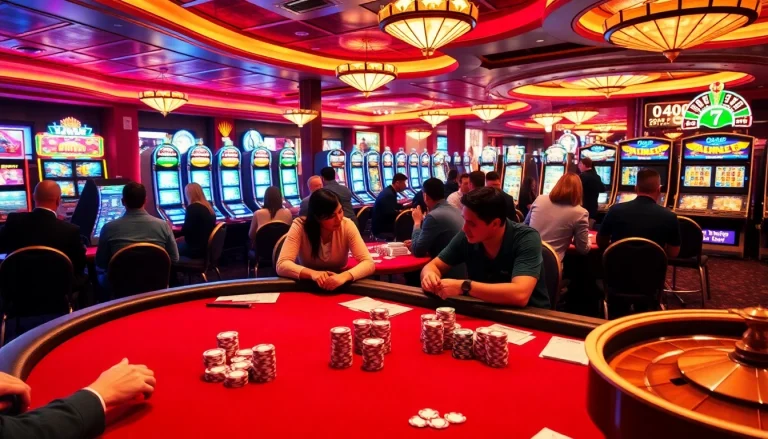 DABET com showcases an exciting casino scene with players at poker tables, surrounded by vibrant slot machines.