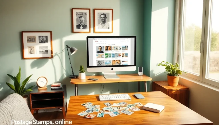 Explore postage stamps online from a colorful home office setup featuring vintage and modern designs.