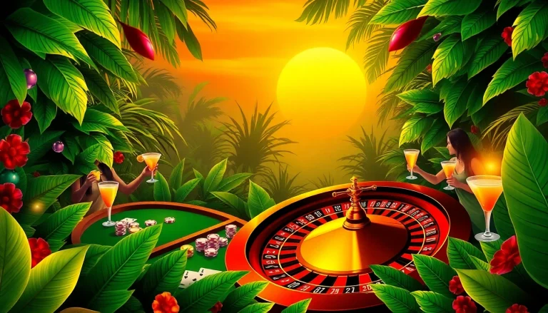 Experience the thrill of gaming at Lucky Jungle with vibrant casino tables and engaging players.