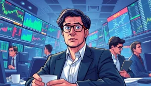 Mark Baum engaging in a dynamic stock market discussion in a vibrant trading room.