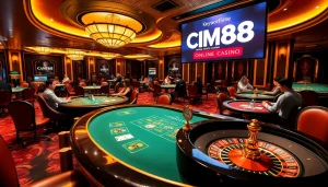 Experience CM88 Casino: Engage in poker and roulette amid a lavish casino atmosphere, complete with vibrant colors and luxurious decor.