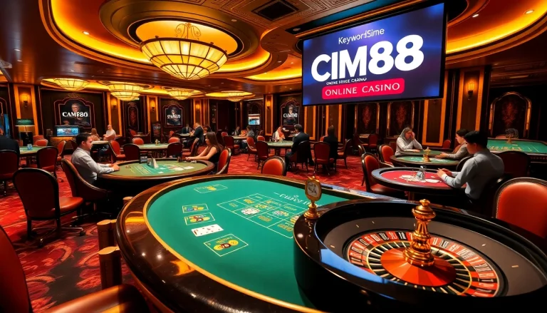 Experience CM88 Casino: Engage in poker and roulette amid a lavish casino atmosphere, complete with vibrant colors and luxurious decor.