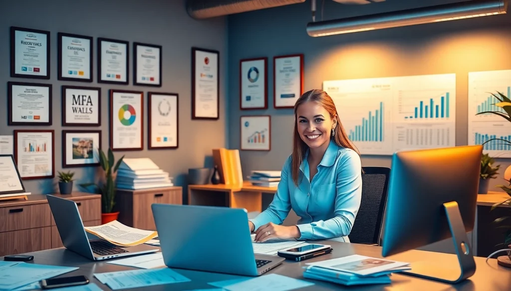 Biuro rachunkowe dla firmy budowlanej w nowoczesnym biurze z księgową pracującą nad dokumentami finansowymi i analizami.