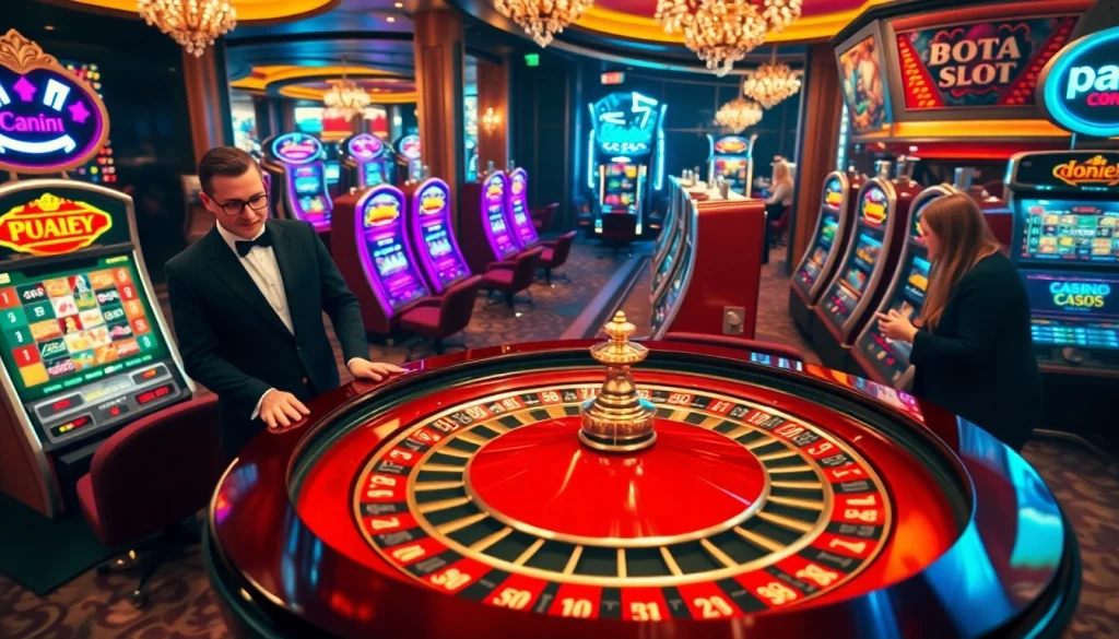 Experience high-stakes excitement at doaslot with a luxury casino scene showcasing roulette and slot machines.