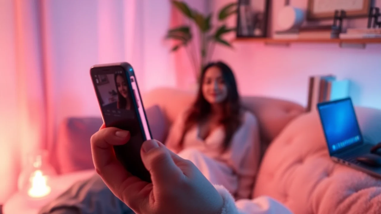 Engaging in ai sexchat with a realistic AI companion in a cozy setting.